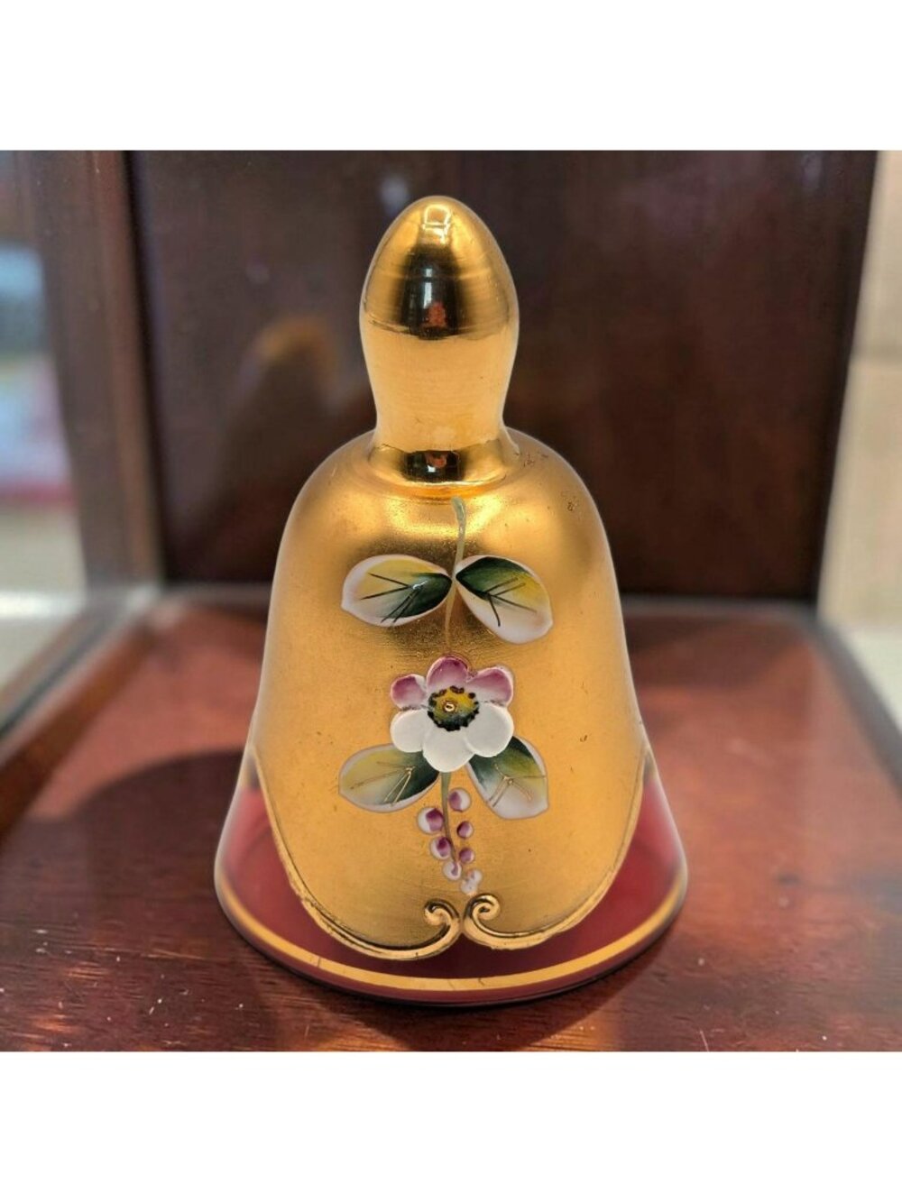 Hand-Painted Bohemia Crystal Bell Gold  Cranberry Floral Design Czechoslovakia
